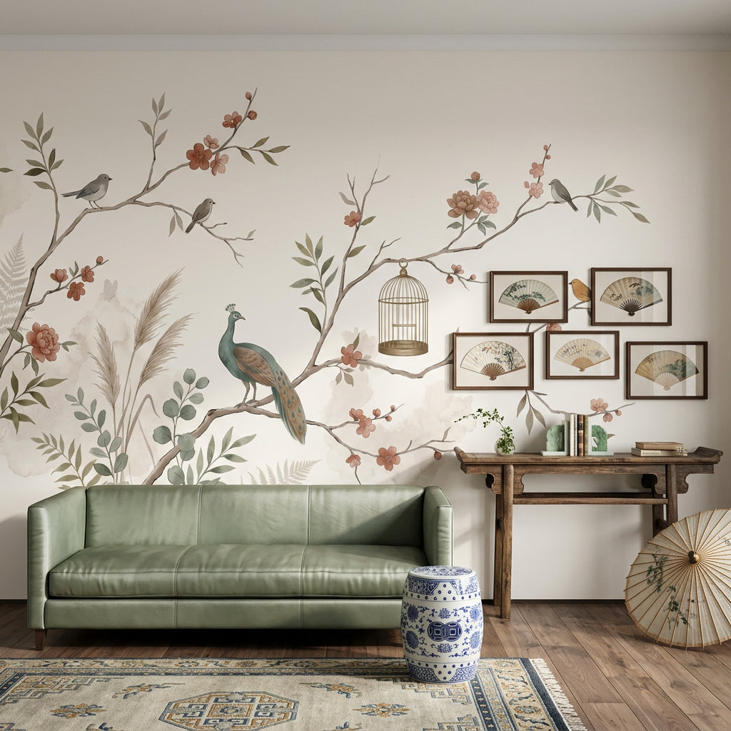 Çiçekli Kuş ve Tavuskuşu Poster Duvar Kağıdı Salon
