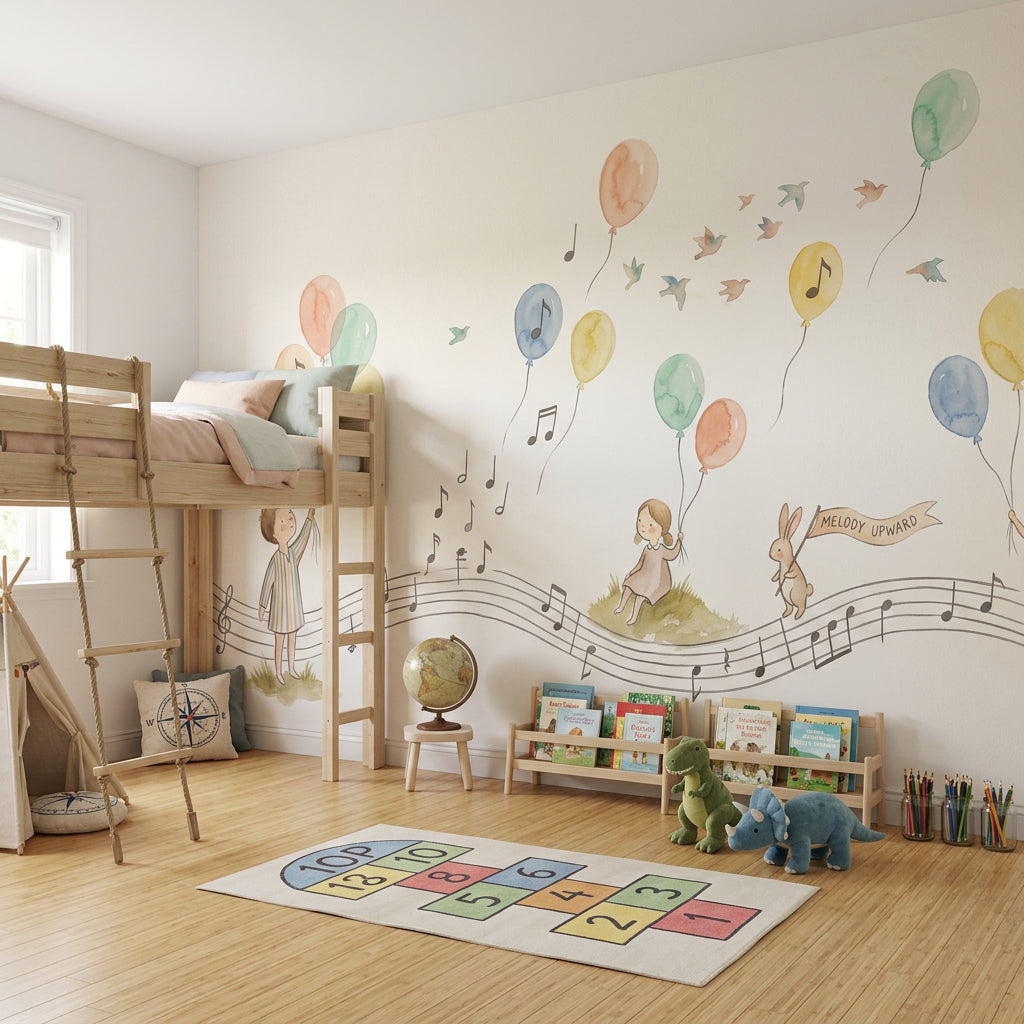 Balonlu Müzik Notalı Poster Duvar Kağıdı Pastel Çocuk Odası
