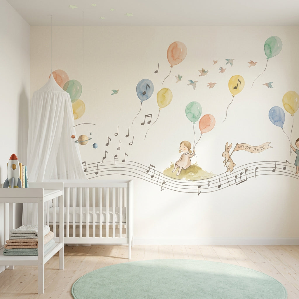 Balonlu Müzik Notalı Poster Duvar Kağıdı Pastel Çocuk Odası