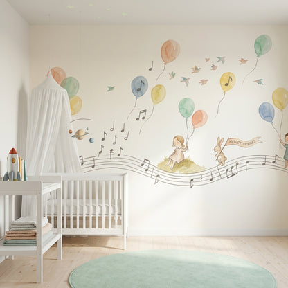 Balonlu Müzik Notalı Poster Duvar Kağıdı Pastel Çocuk Odası
