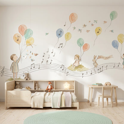 Balonlu Müzik Notalı Poster Duvar Kağıdı Pastel Çocuk Odası