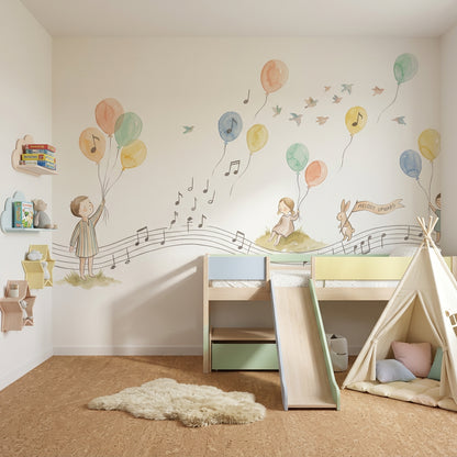 Balonlu Müzik Notalı Poster Duvar Kağıdı Pastel Çocuk Odası