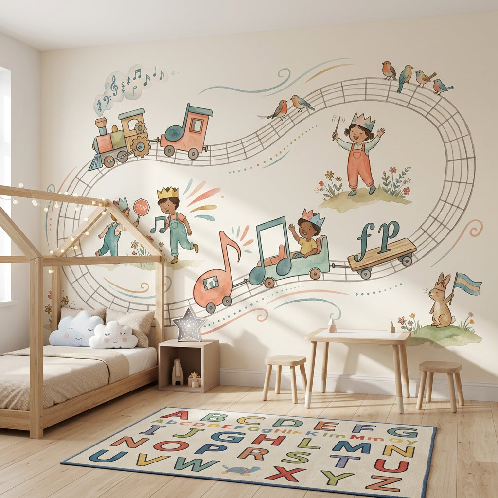 Müzikli Trenli Çocuk Poster Duvar Kağıdı Pastel Krem Oda
