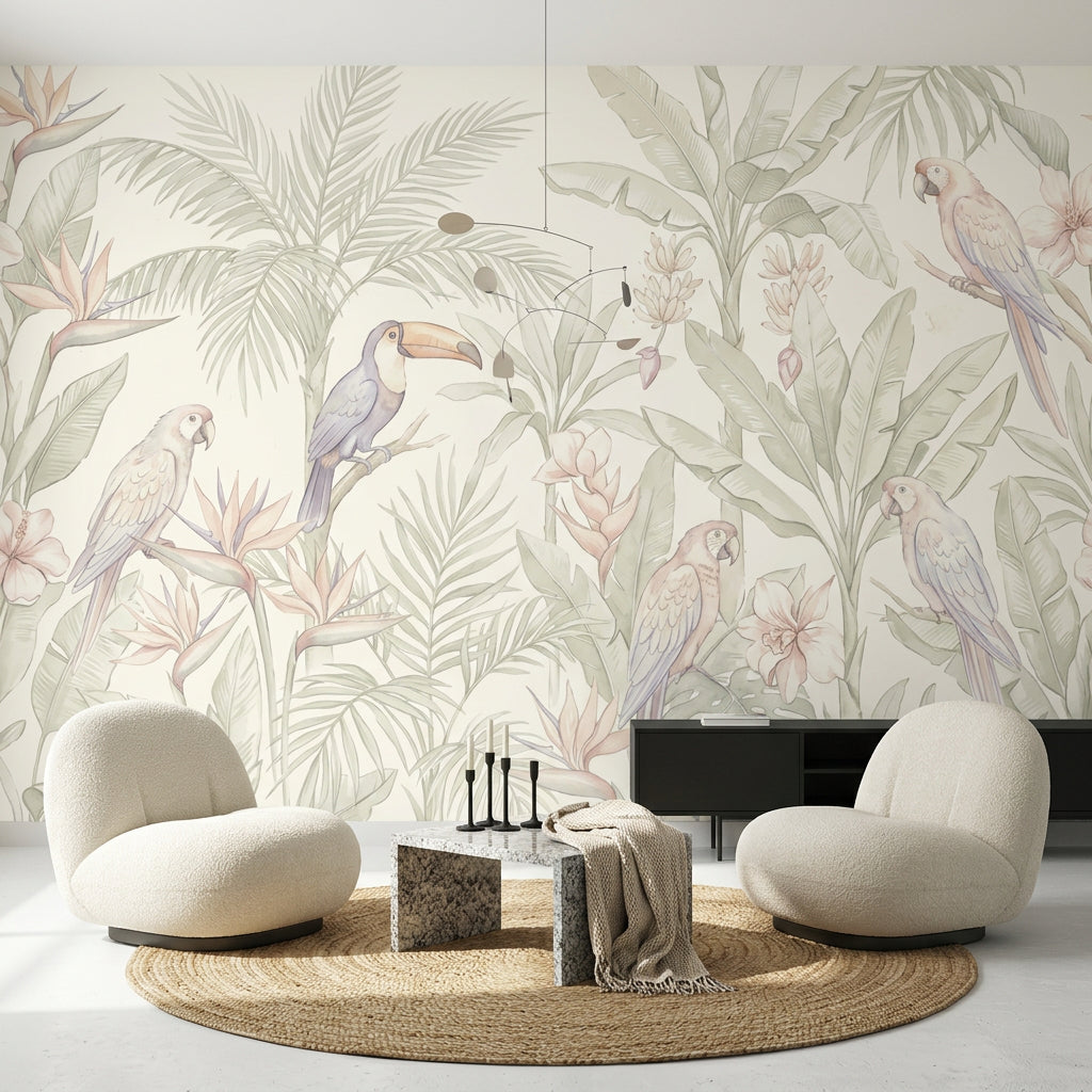 Tropikal Kuşlu Poster Duvar Kağıdı Pastel Yeşil Salon