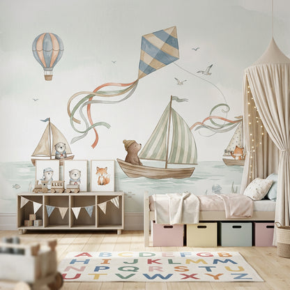 Yelkenli ve Uçurtmalı Poster Duvar Kağıdı Pastel Bebek Odası