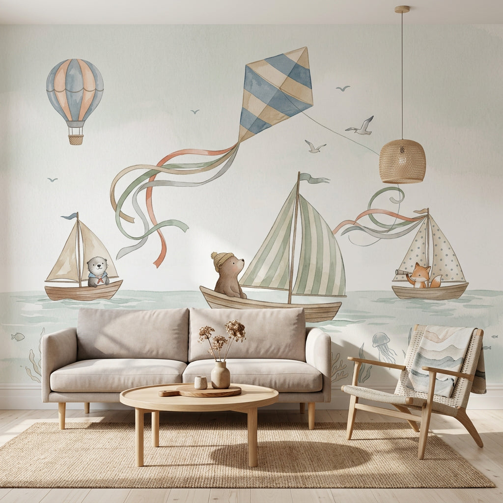 Yelkenli ve Uçurtmalı Poster Duvar Kağıdı Pastel Bebek Odası