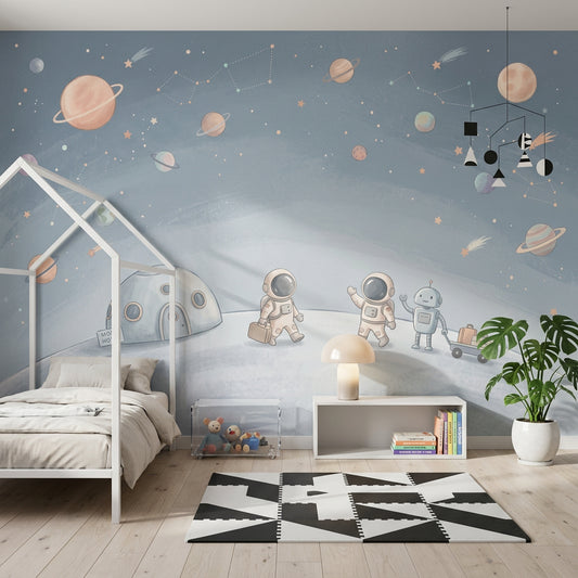 Uzay Astronotlu Poster Duvar Kağıdı Mavi Çocuk Odası Desenli