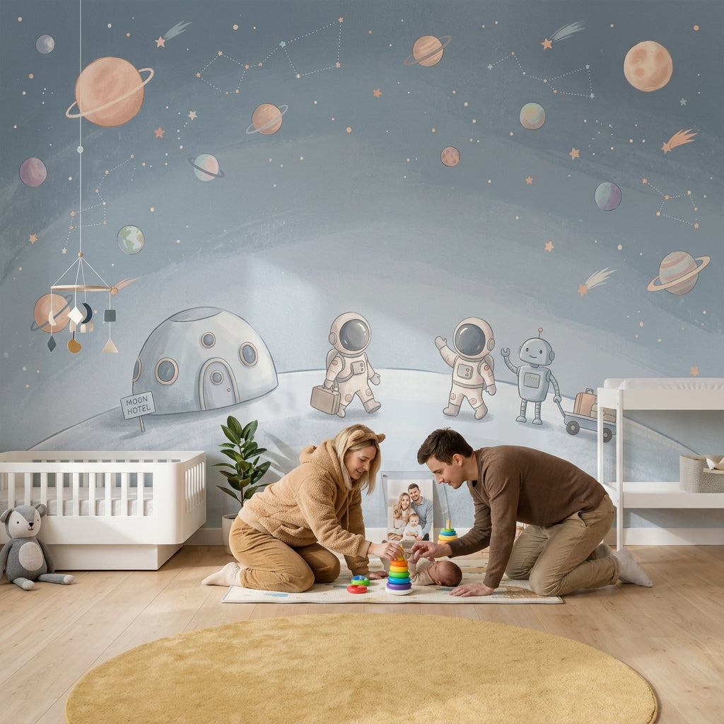 Uzay Astronotlu Poster Duvar Kağıdı Mavi Çocuk Odası Desenli