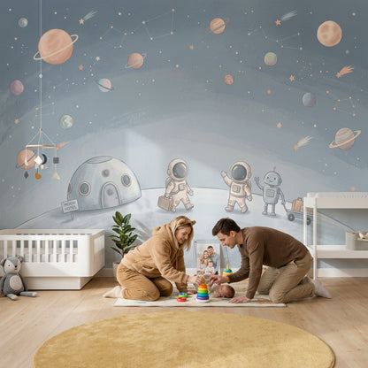 Uzay Astronotlu Poster Duvar Kağıdı Mavi Çocuk Odası Desenli