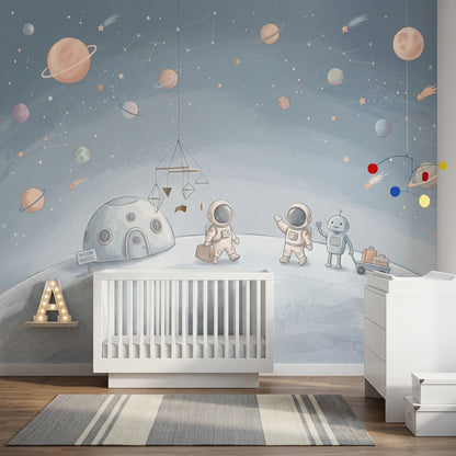 Uzay Astronotlu Poster Duvar Kağıdı Mavi Çocuk Odası Desenli