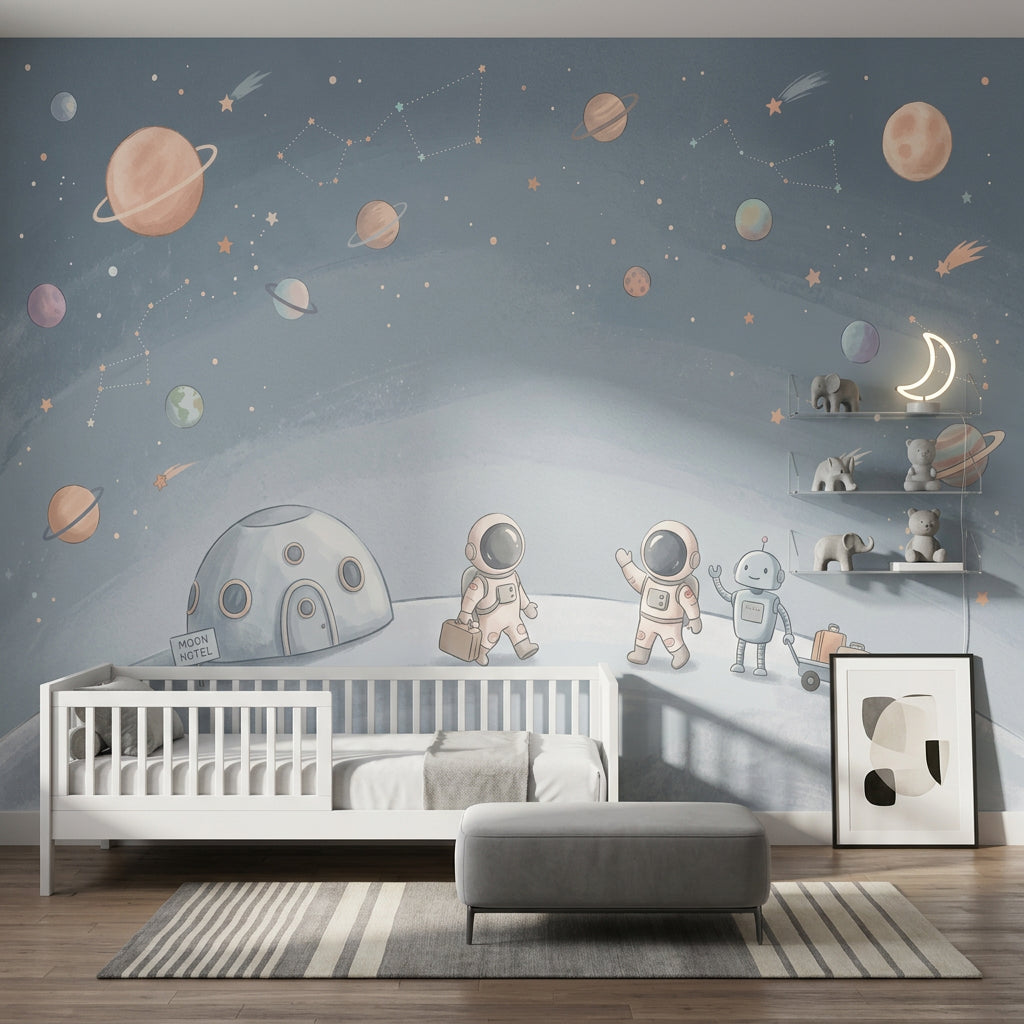 Uzay Astronotlu Poster Duvar Kağıdı Mavi Çocuk Odası Desenli