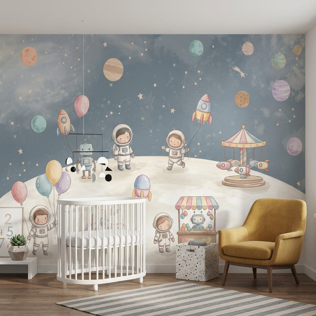Uzay Temalı Poster Duvar Kağıdı Astronot ve Gezegenli Çocuk Odası