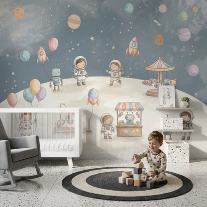 Uzay Temalı Poster Duvar Kağıdı Astronot ve Gezegenli Çocuk Odası