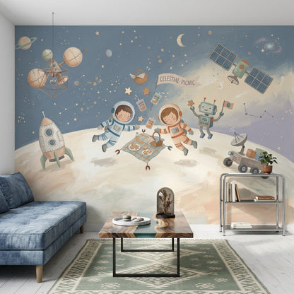 Astronotlu Uzay Temalı Poster Duvar Kağıdı Çocuk Odası Lacivert
