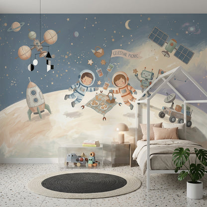 Astronotlu Uzay Temalı Poster Duvar Kağıdı Çocuk Odası Lacivert