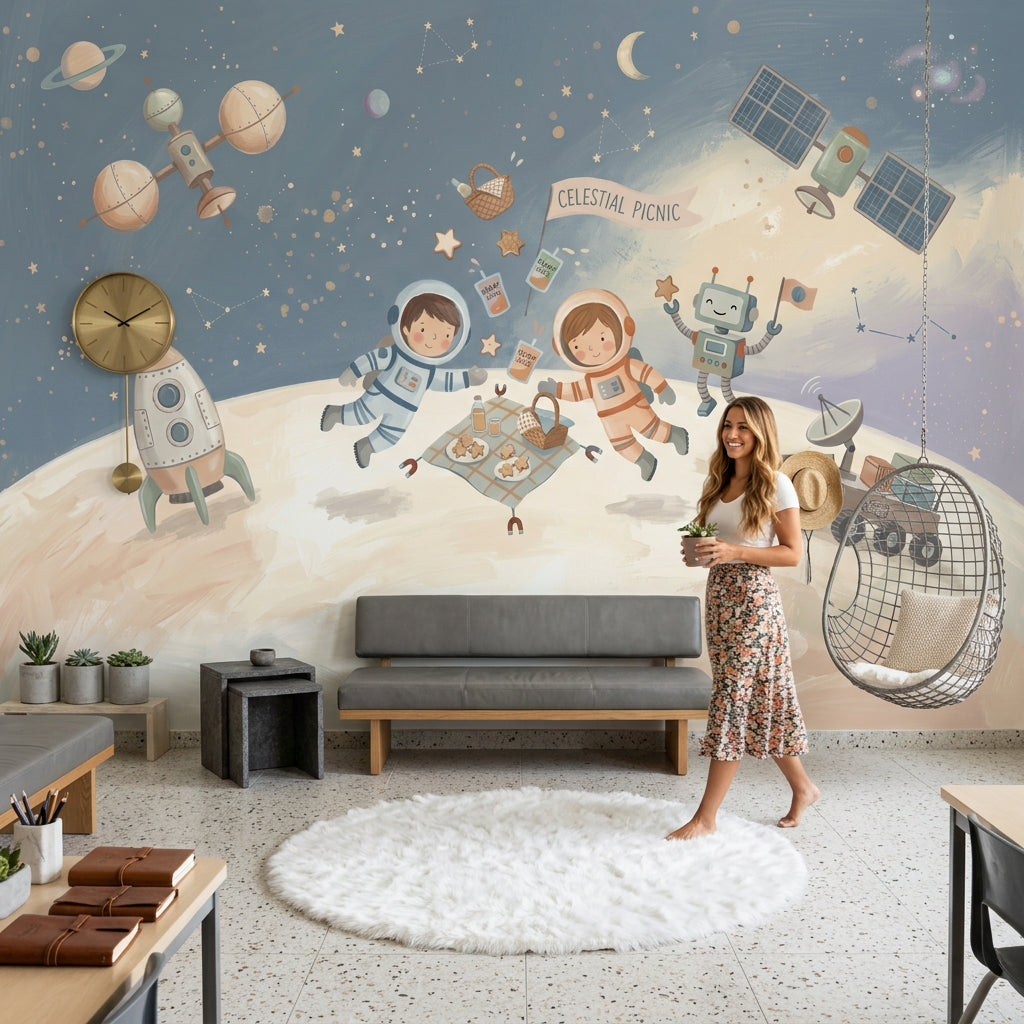 Astronotlu Uzay Temalı Poster Duvar Kağıdı Çocuk Odası Lacivert