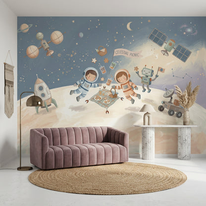 Astronotlu Uzay Temalı Poster Duvar Kağıdı Çocuk Odası Lacivert