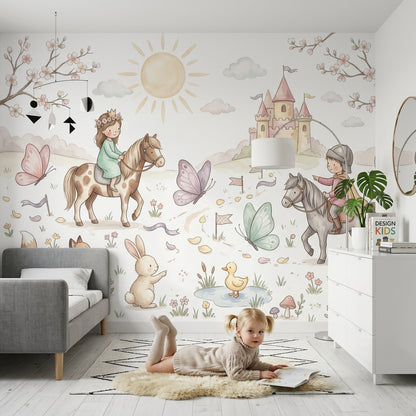 Masal Şatosu ve Atlı Çocuklar Poster Duvar Kağıdı Pastel