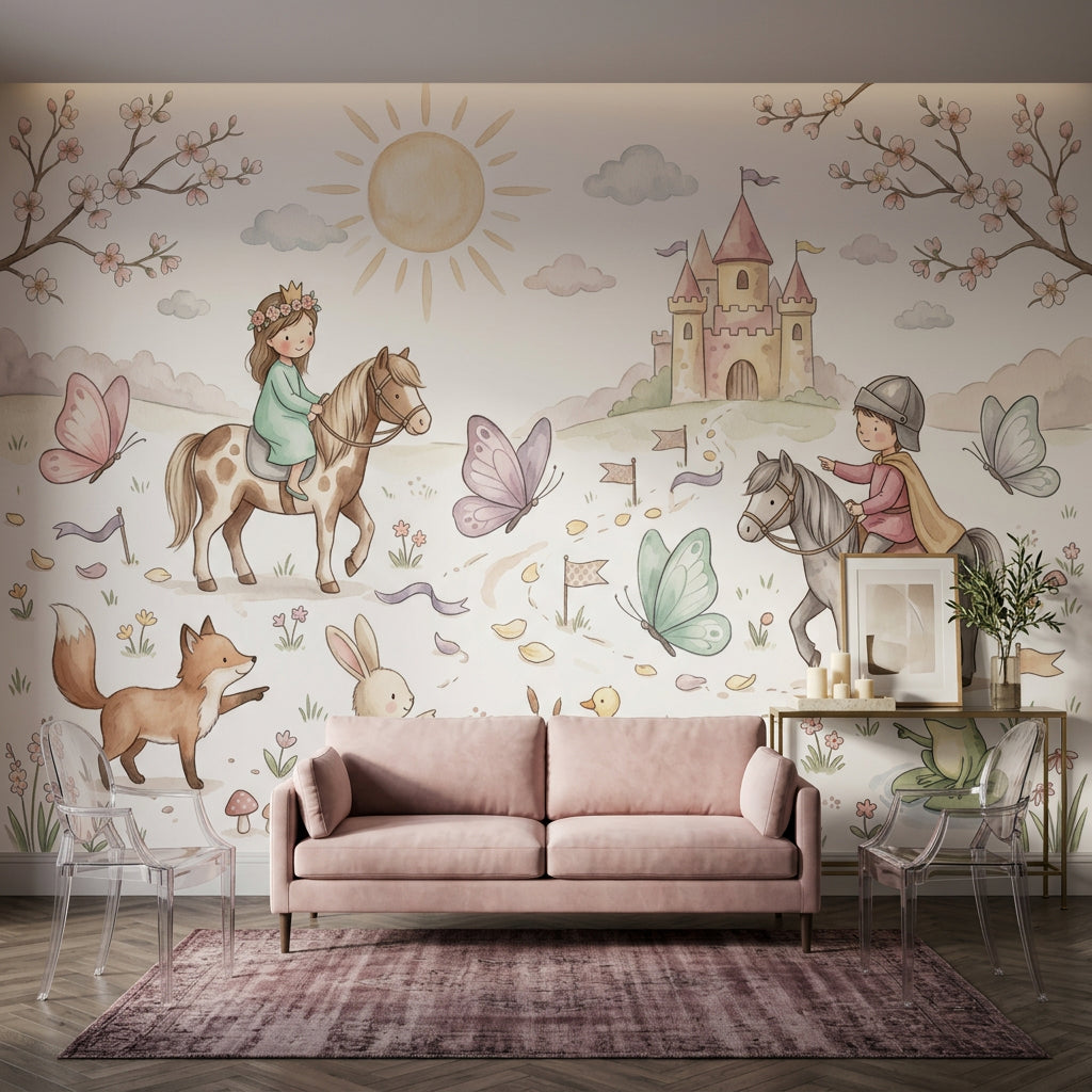 Masal Şatosu ve Atlı Çocuklar Poster Duvar Kağıdı Pastel