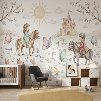 Masal Şatosu ve Atlı Çocuklar Poster Duvar Kağıdı Pastel