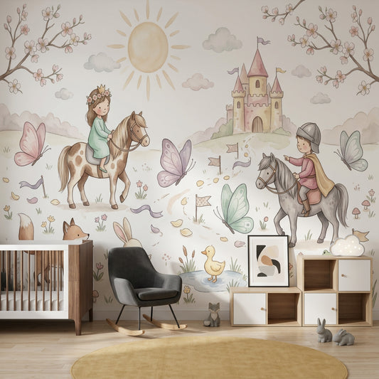 Masal Şatosu ve Atlı Çocuklar Poster Duvar Kağıdı Pastel