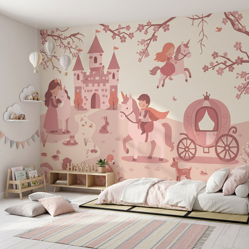 Masal Şatolu Poster Duvar Kağıdı Pudra Pembe Çocuk Odası