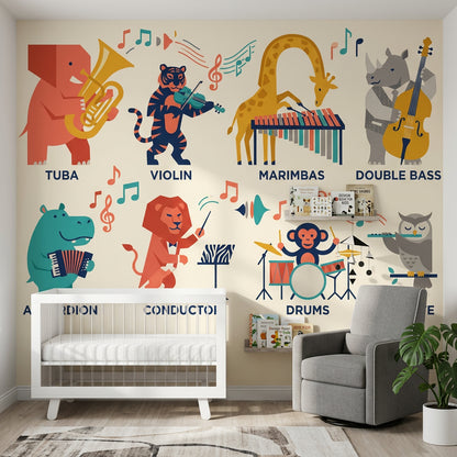 Müzik Enstrümanlı Hayvanlar Poster Duvar Kağıdı Renkli Çocuk Odası