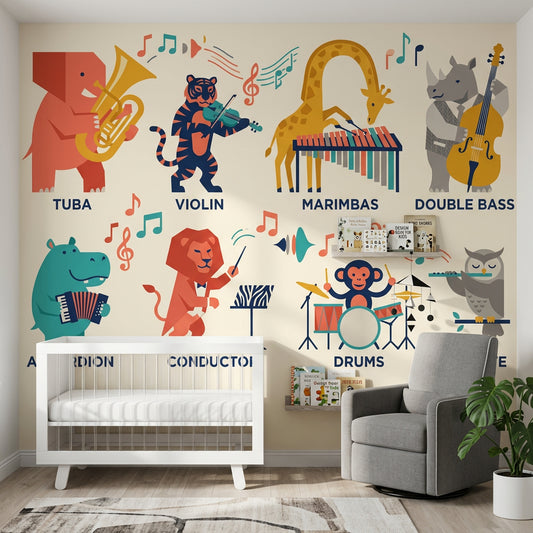 Müzik Enstrümanlı Hayvanlar Poster Duvar Kağıdı Renkli Çocuk Odası
