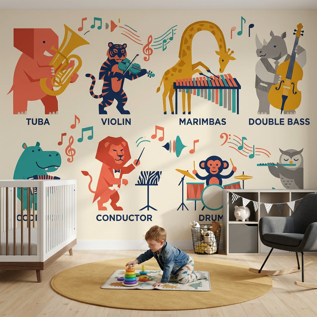 Müzik Enstrümanlı Hayvanlar Poster Duvar Kağıdı Renkli Çocuk Odası
