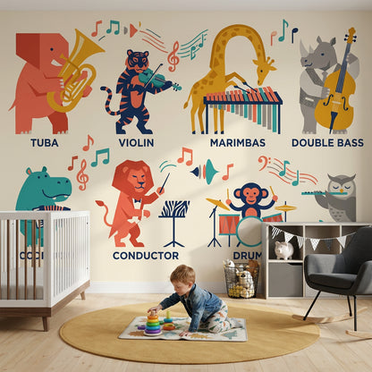 Müzik Enstrümanlı Hayvanlar Poster Duvar Kağıdı Renkli Çocuk Odası
