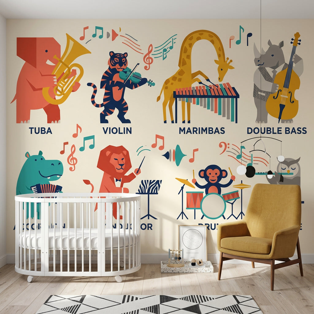 Müzik Enstrümanlı Hayvanlar Poster Duvar Kağıdı Renkli Çocuk Odası