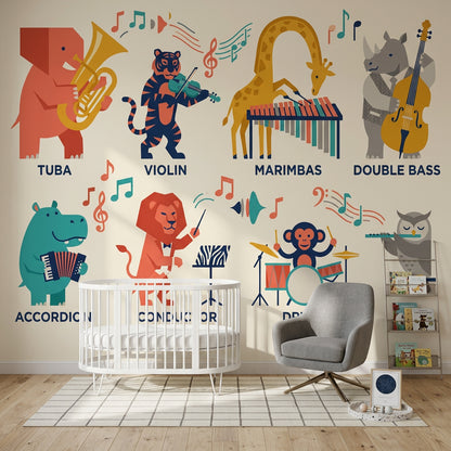 Müzik Enstrümanlı Hayvanlar Poster Duvar Kağıdı Renkli Çocuk Odası