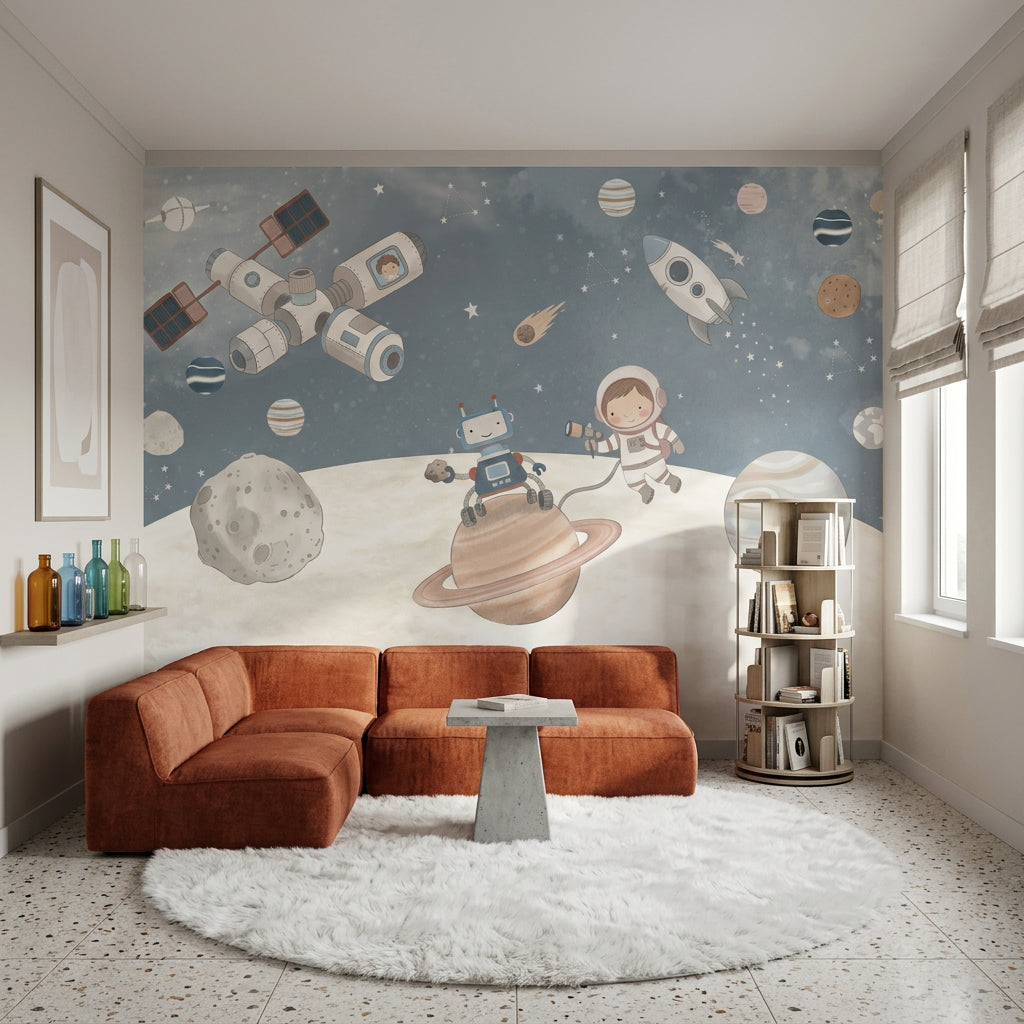 Uzay Temalı Poster Duvar Kağıdı Astronotlu Çocuk Odası Lacivert