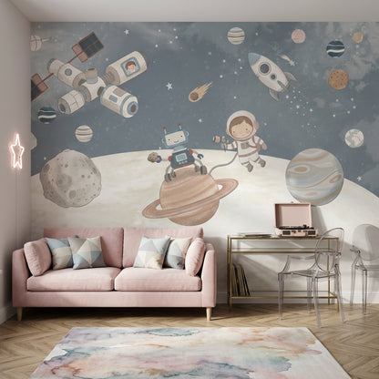 Uzay Temalı Poster Duvar Kağıdı Astronotlu Çocuk Odası Lacivert