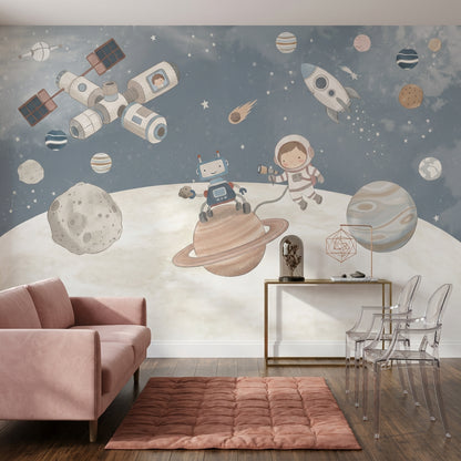 Uzay Temalı Poster Duvar Kağıdı Astronotlu Çocuk Odası Lacivert