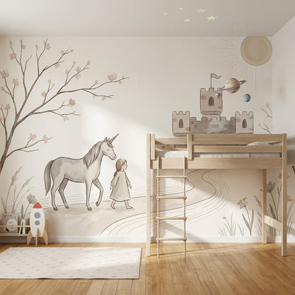 Unicorn Şatolu Poster Duvar Kağıdı Pastel Çocuk Odası