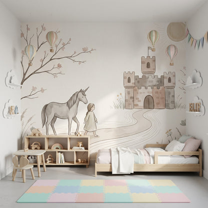 Unicorn Şatolu Poster Duvar Kağıdı Pastel Çocuk Odası