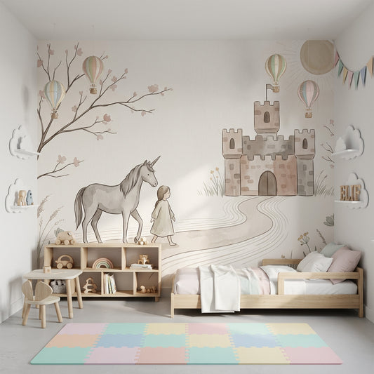 Unicorn Şatolu Poster Duvar Kağıdı Pastel Çocuk Odası