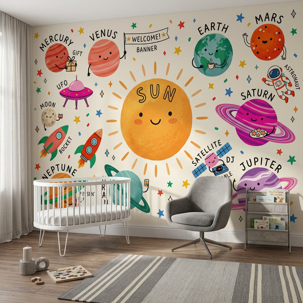 Güneş ve Gezegenler Poster Duvar Kağıdı Renkli Çocuk Odası