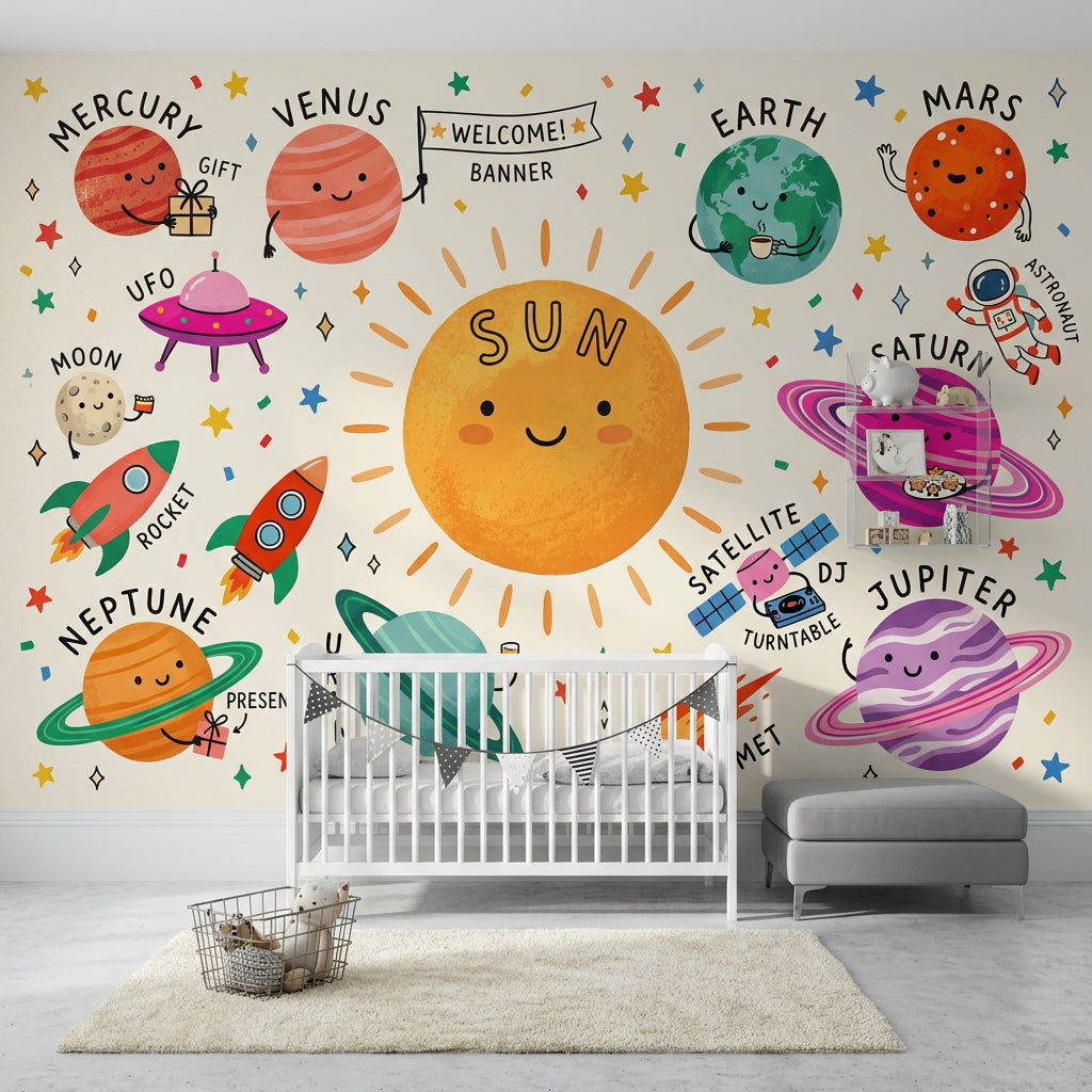Güneş ve Gezegenler Poster Duvar Kağıdı Renkli Çocuk Odası