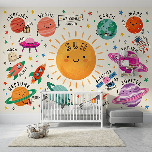 Güneş ve Gezegenler Poster Duvar Kağıdı Renkli Çocuk Odası