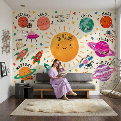 Güneş ve Gezegenler Poster Duvar Kağıdı Renkli Çocuk Odası