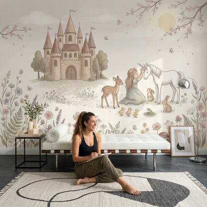 Unicorn Şato Temalı Poster Duvar Kağıdı Pastel Çocuk Odası