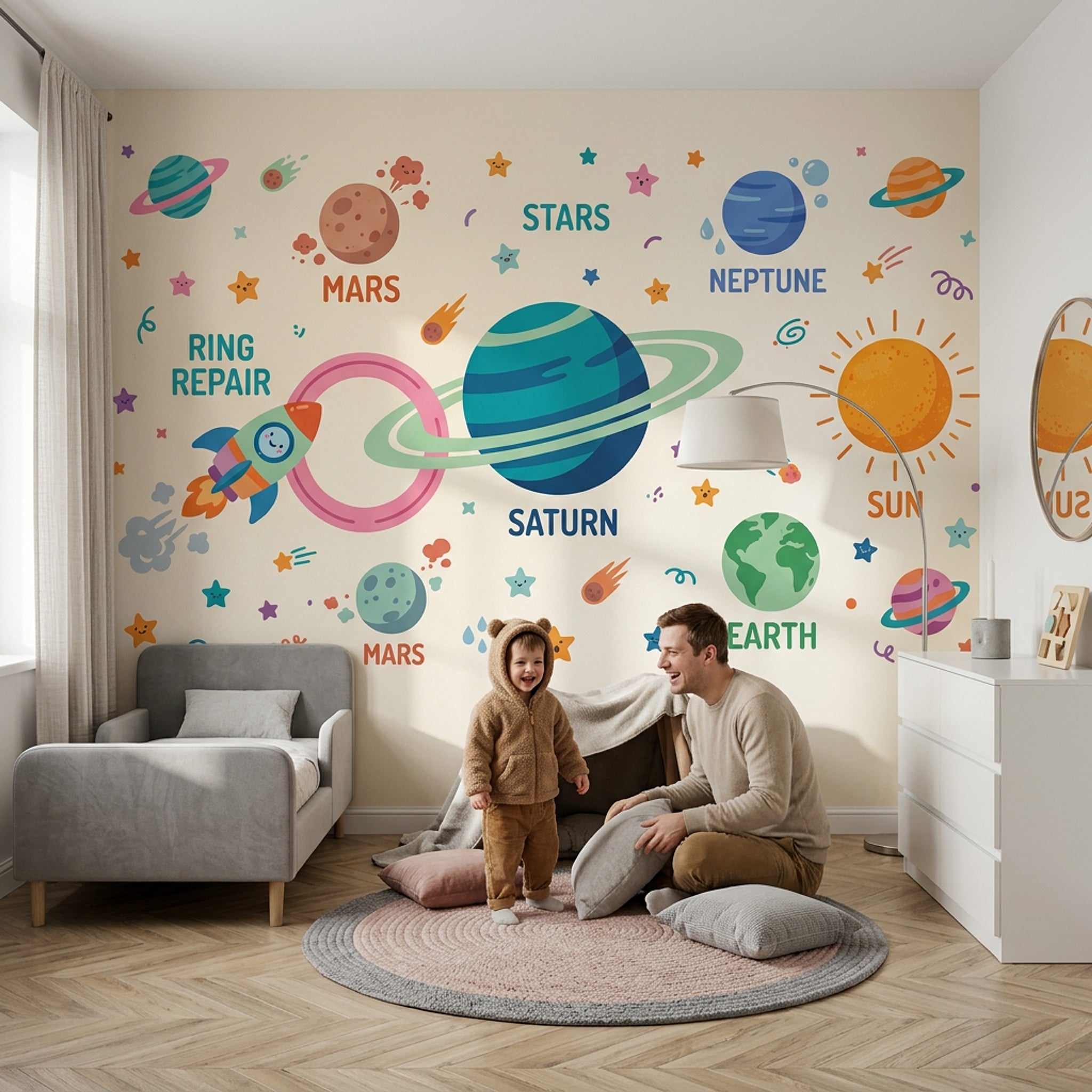 Gezegenli Uzay Poster Duvar Kağıdı Renkli Çocuk Odası