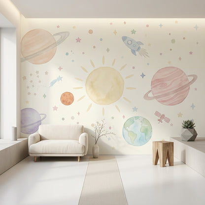Pastel Uzay Temalı Poster Duvar Kağıdı Çocuk Odası Gezegenli