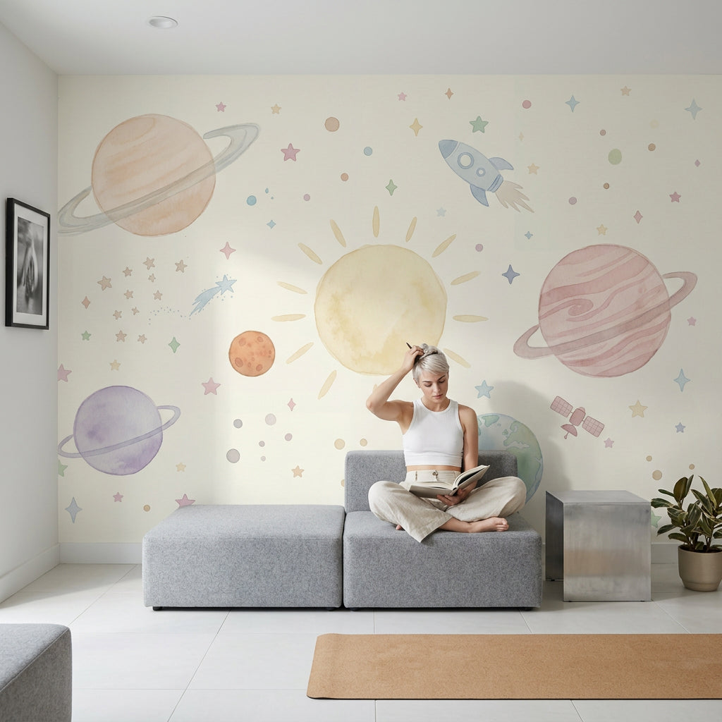 Pastel Uzay Temalı Poster Duvar Kağıdı Çocuk Odası Gezegenli