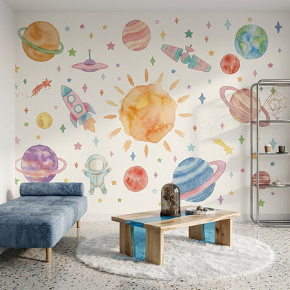 Uzay Temalı Poster Duvar Kağıdı Pastel Çocuk Odası Desenli