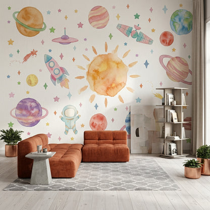 Uzay Temalı Poster Duvar Kağıdı Pastel Çocuk Odası Desenli