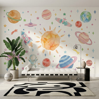 Uzay Temalı Poster Duvar Kağıdı Pastel Çocuk Odası Desenli