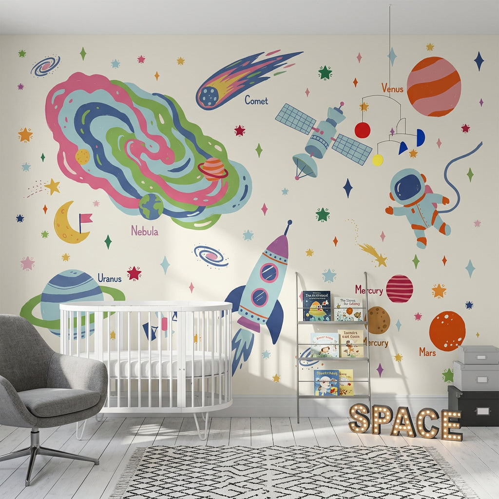 Uzay Temalı Poster Duvar Kağıdı Renkli Çocuk Odası Duvar Muralı